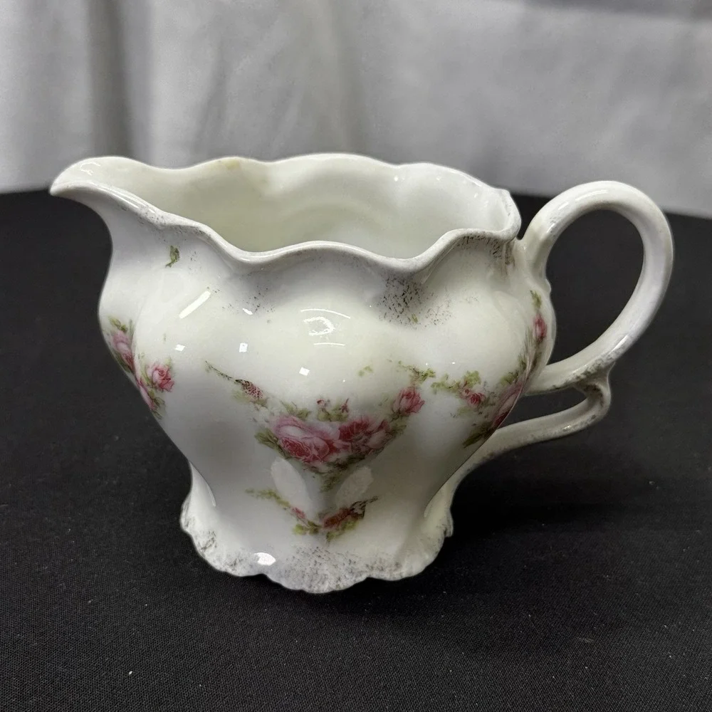 Antique Porcelain Creamer Pitcher Painted Pink Rose Design Decorative Handle‎